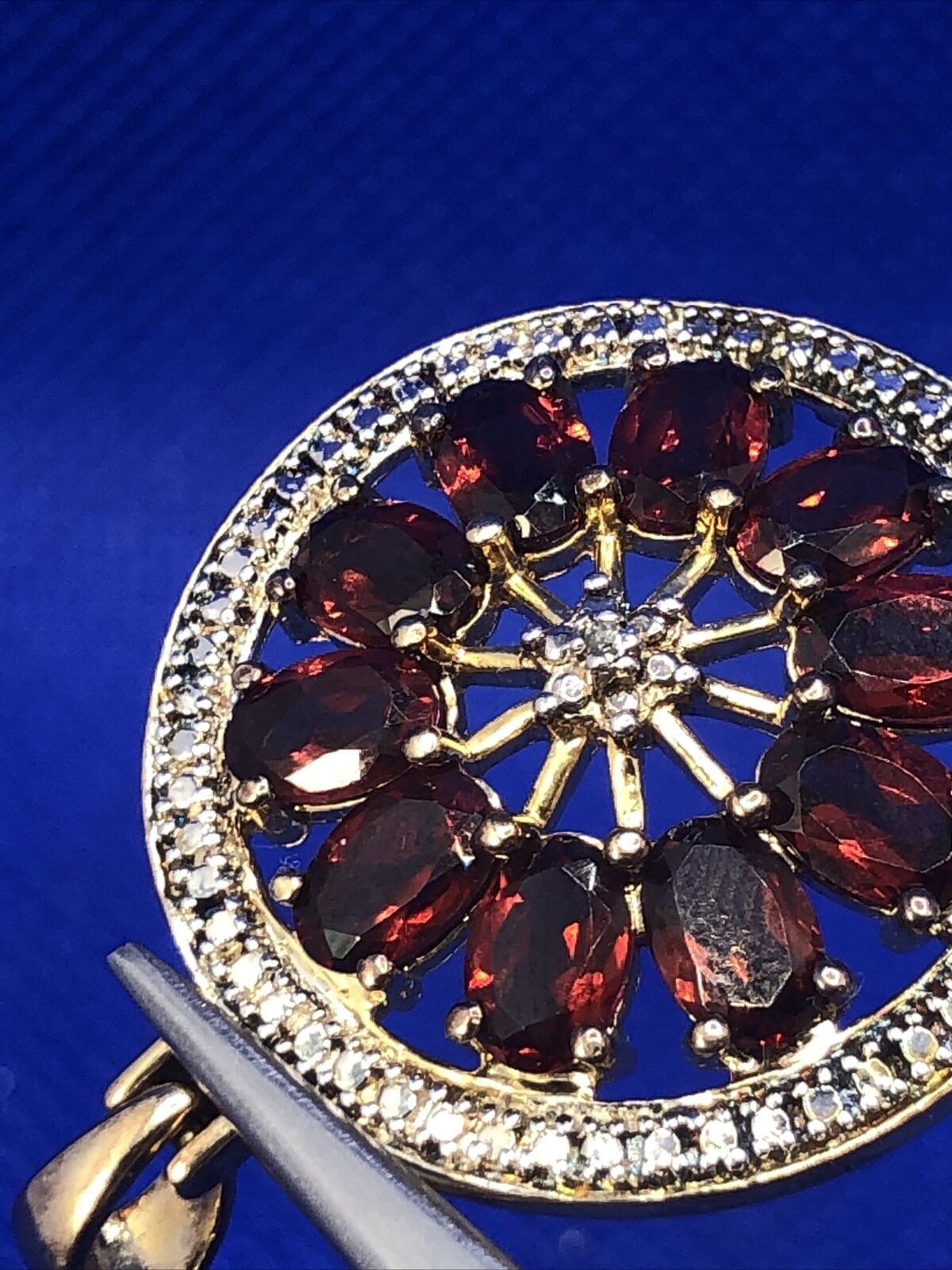 Designer Vermeil 925 Sterling Silver Oval Garnets Diamond Accent Round Pendant