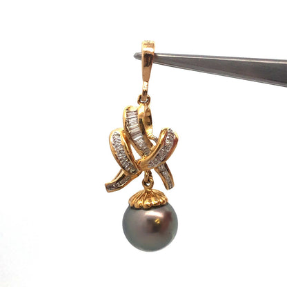 Designer 14K Yellow Gold Black Pearl Diamond Accented Statement Drop Pendant