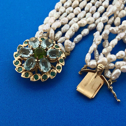Retro 14K Yellow Gold Pearl Emerald Aquamarine Glass 8 Strand Statement Necklace