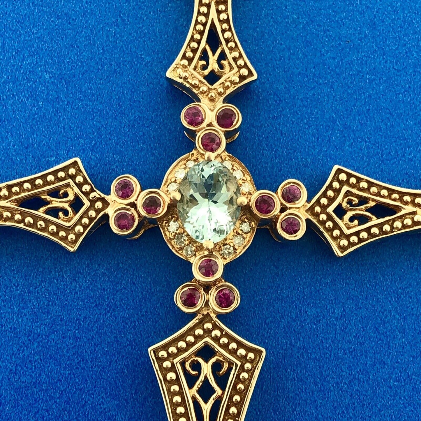 SR 14k Rose Gold Blue Tourmaline Ruby Diamond Faith Cross Pendant Enhancer