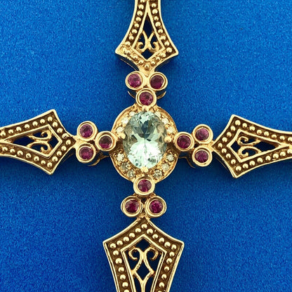 SR 14k Rose Gold Blue Tourmaline Ruby Diamond Faith Cross Pendant Enhancer
