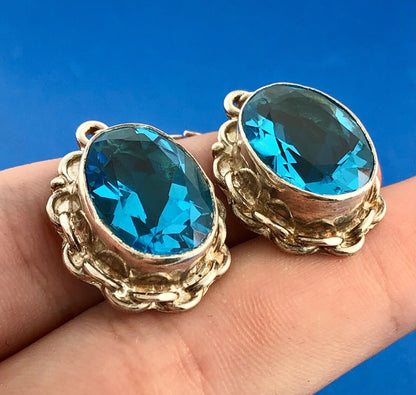 Vintage Sterling Silver Ocean Blue Cubic Zirconia Oval Scroll Statement Earrings