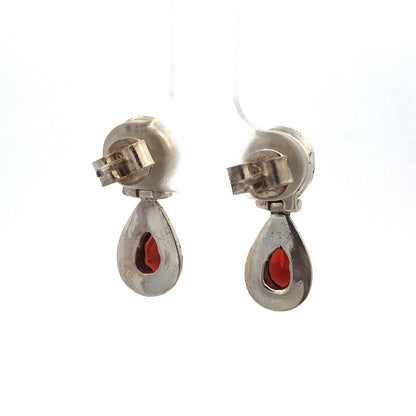 Vintage 925 Sterling Silver Round Bezel Pear Garnet Dangle Drop Stud Earrings