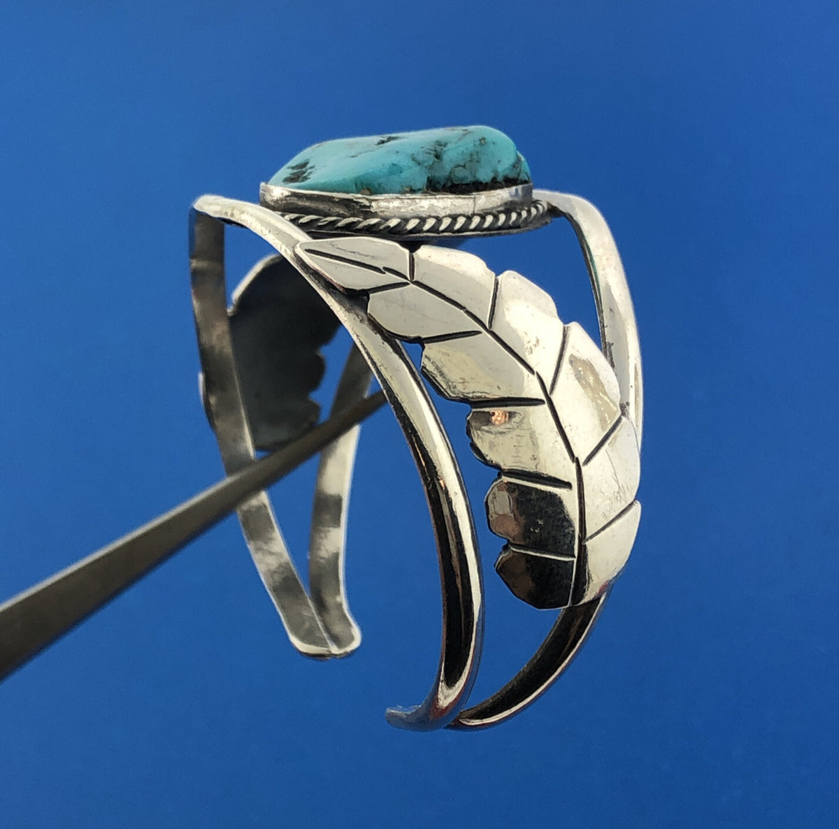 Old Pawn Sterling Silver Chunky Turquoise Cabochon Squash Blossom Cuff Bracelet