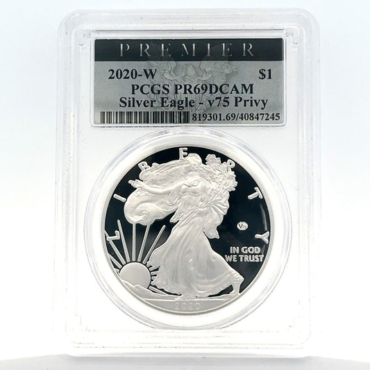 2020 W PROOF 1oz SILVER EAGLE WORLD WAR II V75 PRIVY PCGS PR69 DCAM Premier