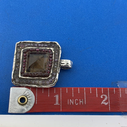 Artisan Hand Cast Sterling Silver Smoky Quartz Amethyst Free Form Square Pendant