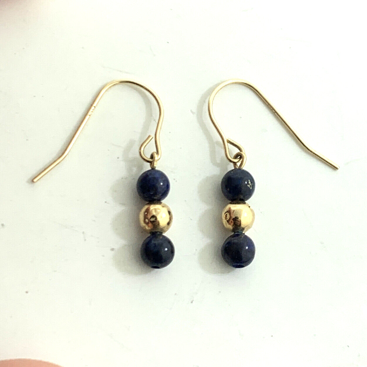 Designer 14K Yellow Gold Lapis Lazuli Bead & Gold Ball Drop Dangle Hook Earrings