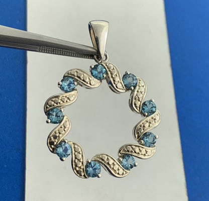 Designer 925 Sterling Silver Round Blue Topaz Circle Wreath Pendant