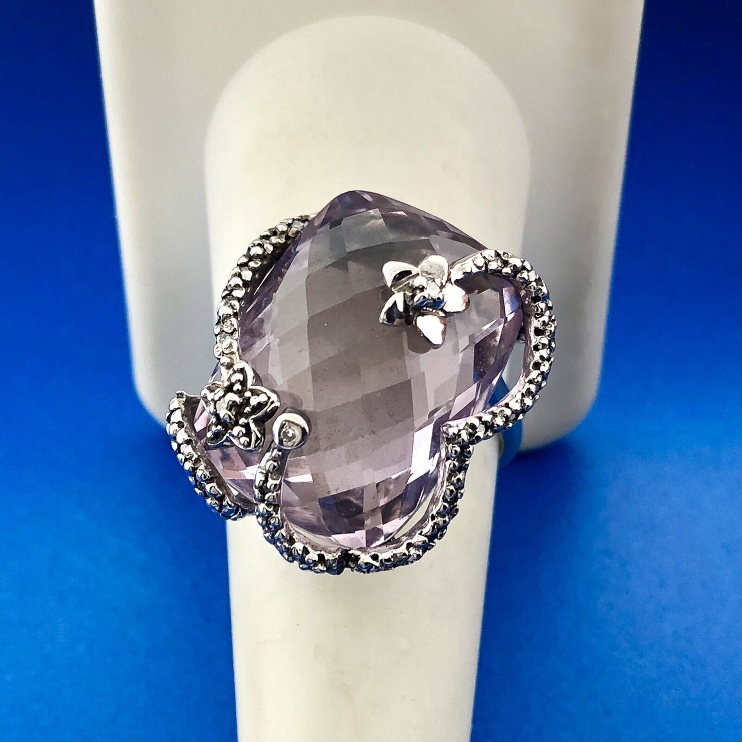 Designer SMJ Sterling Silver 925 Amethyst February Floral Bypass Ring Size 8.25