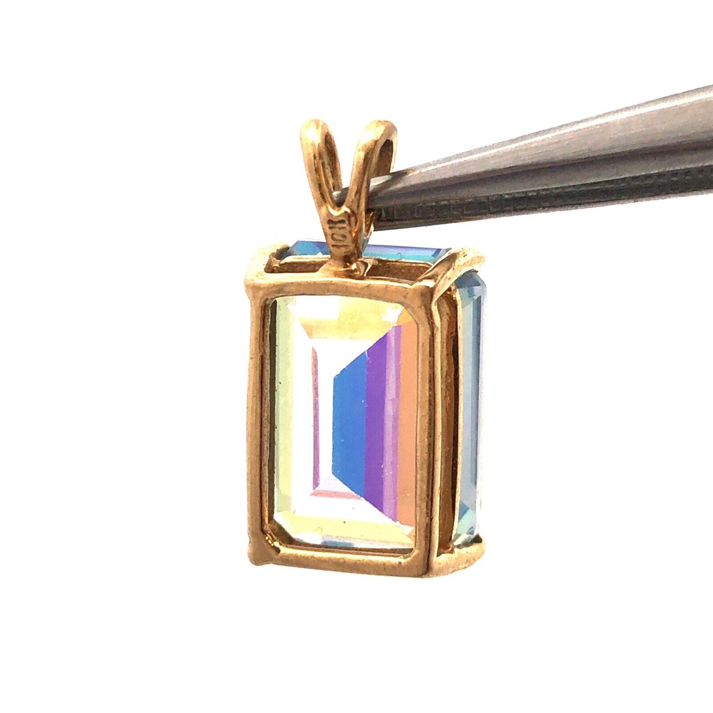 Gorgeous 10k Yellow Gold Emerald Cut Mystic Topaz Precious Statement Pendant