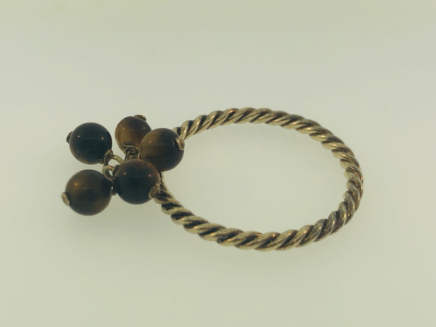 Vintage Sterling Silver 925 Brown Tigers Eye Bead Ball Dangle Cocktail Ring