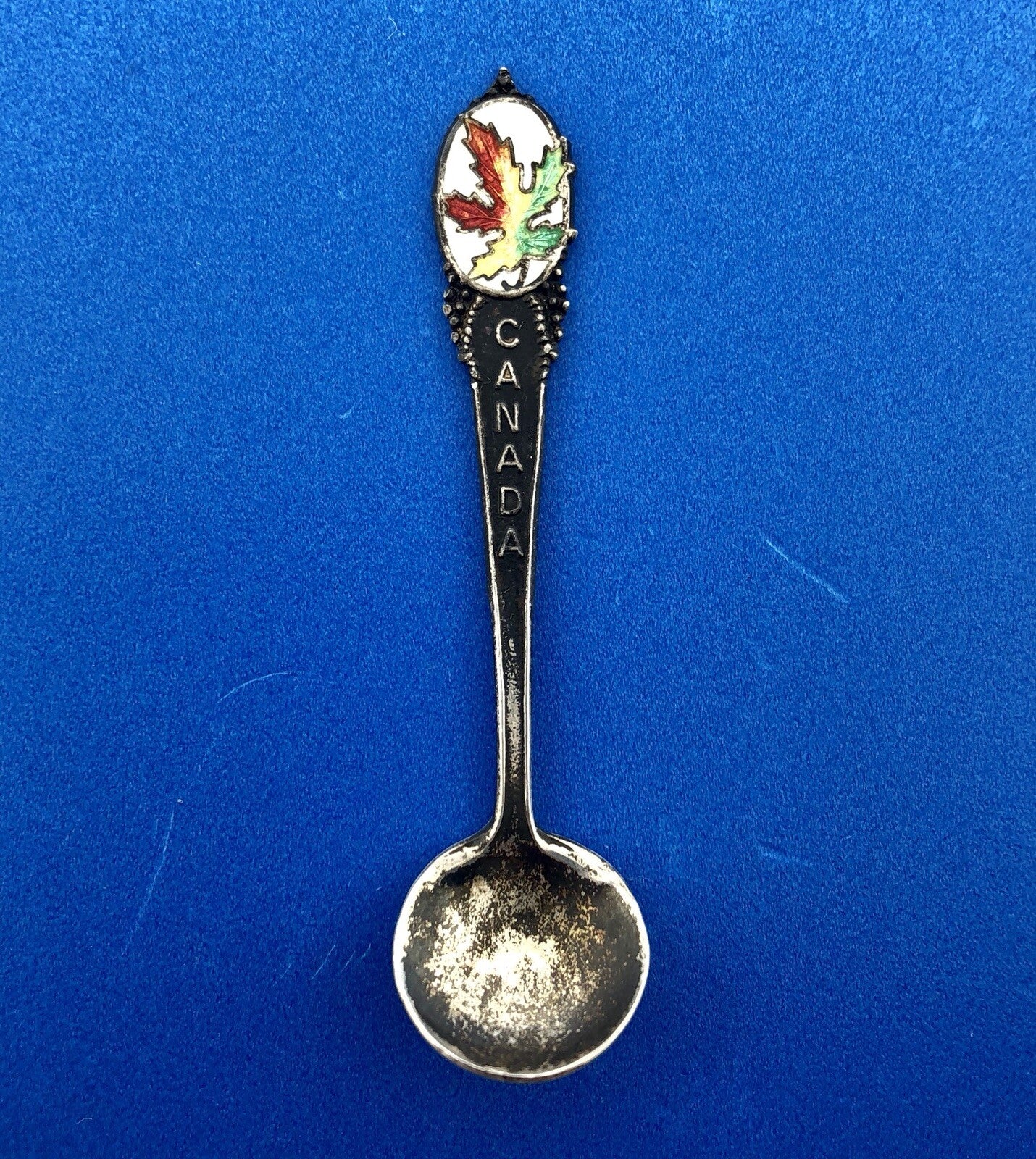 BMCo Sterling Silver Multi Color Enamel Canada Maple Leaf Souvenir Salt Spoon