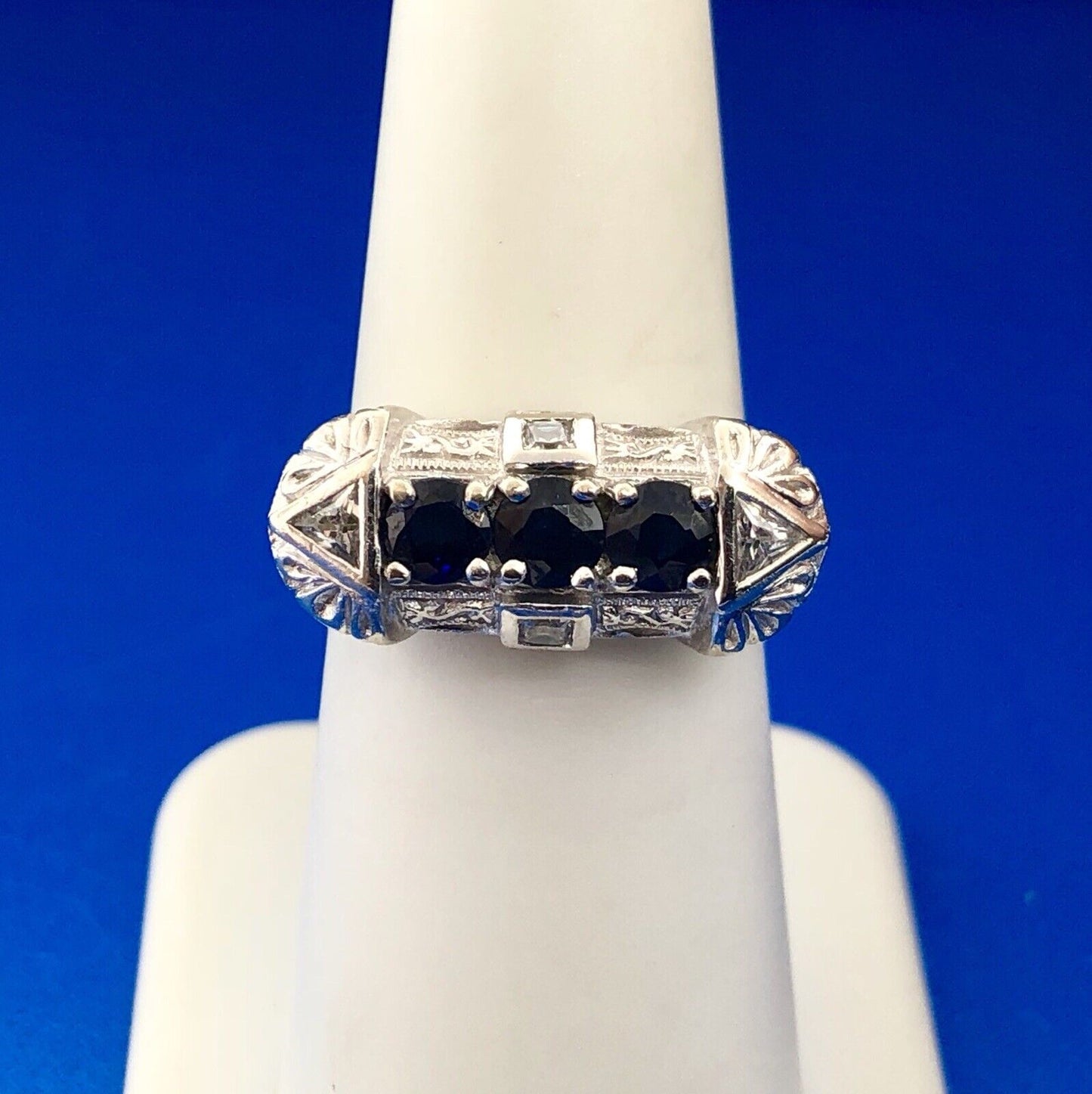 Art Deco Designer 14K White Gold Sapphire Cubic Zirconia CZ Anniversary Ring