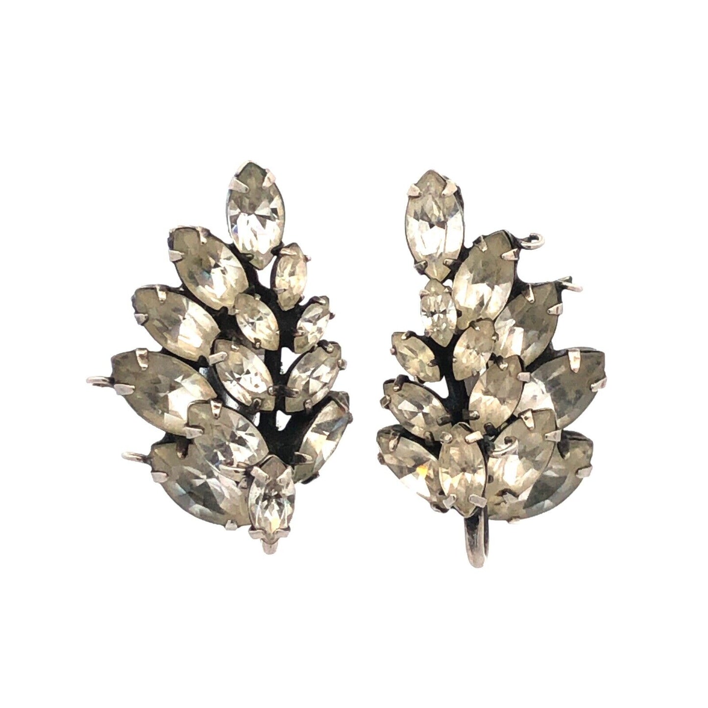 Vintage Kramer New York Silver Tone Marquise Rhinestone Statement Clip Earrings