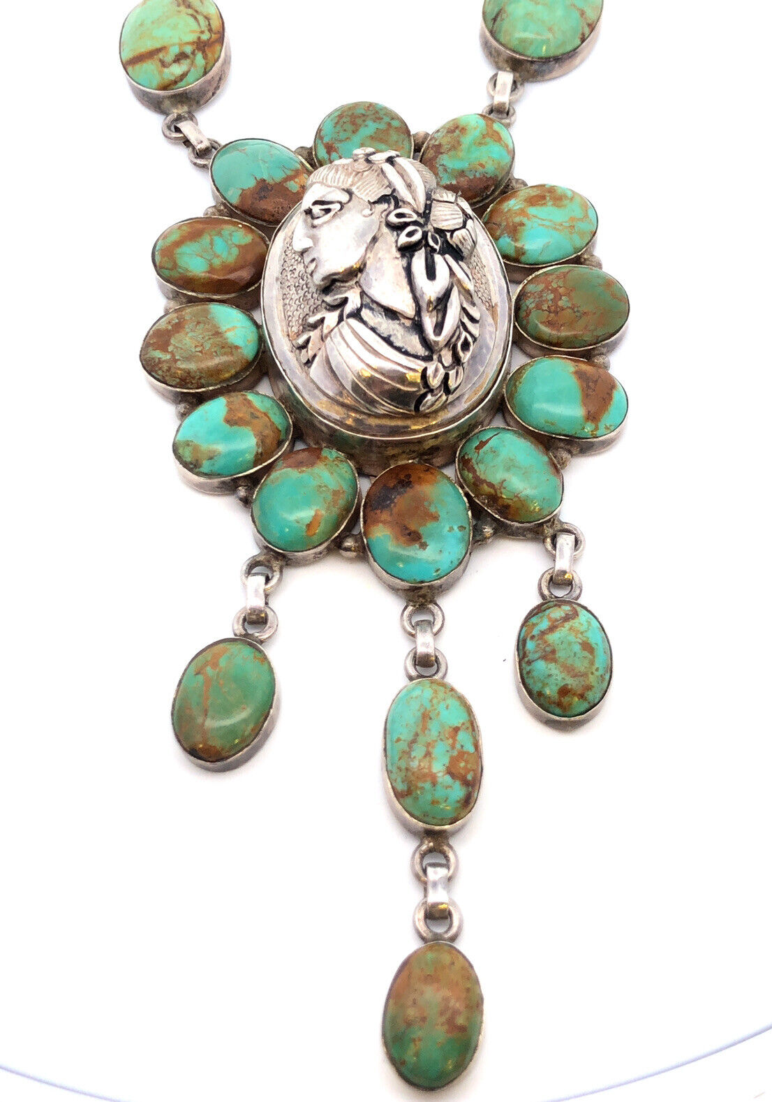 Vintage Native American 925 Sterling Silver Green Turquoise Statement Necklace