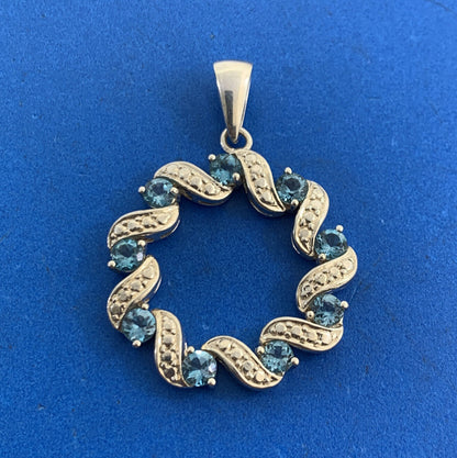 Designer 925 Sterling Silver Round Blue Topaz Circle Wreath Pendant