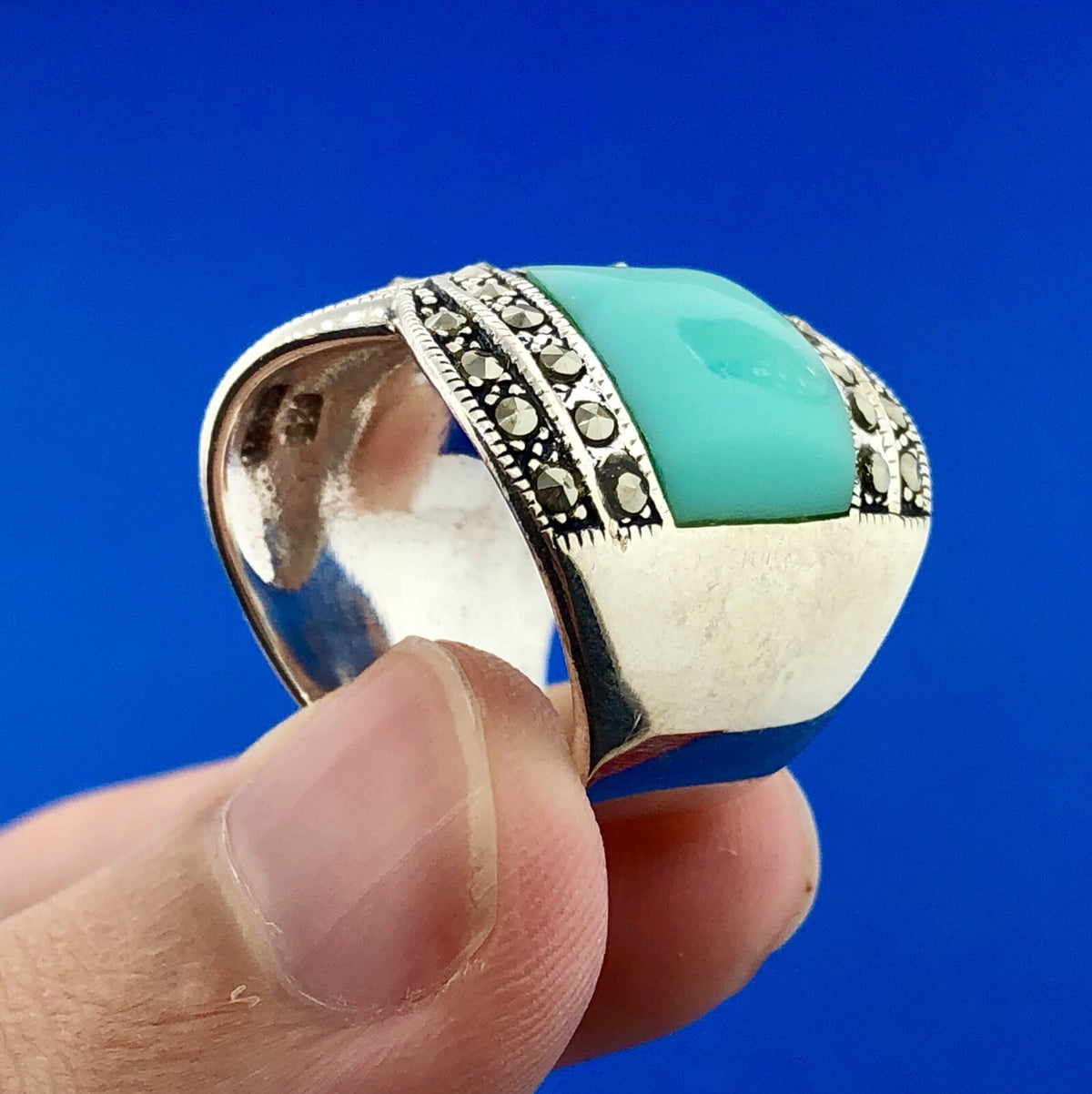 Designer Barse 925 Sterling Silver Turquoise Enamel Marcasite Statement Ring