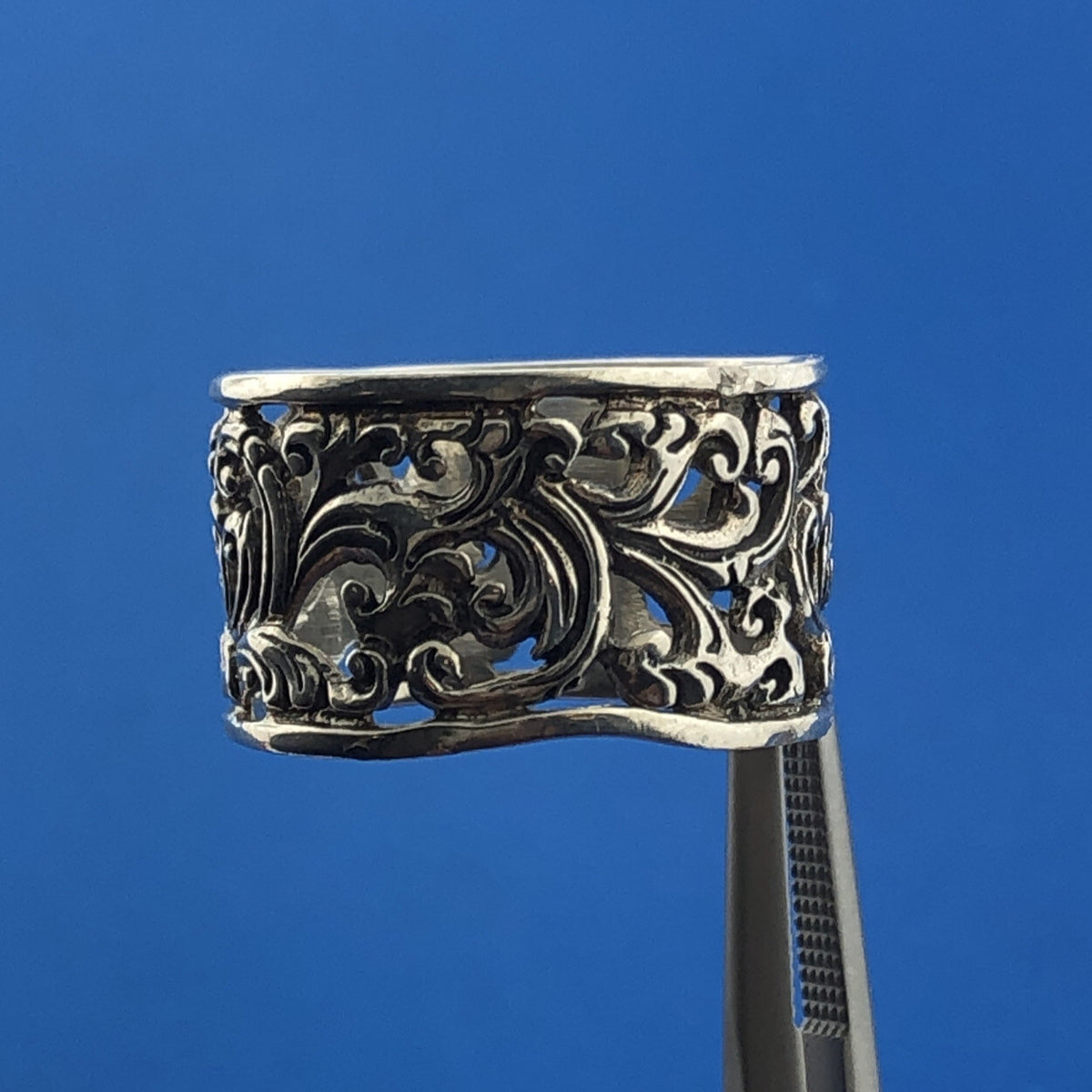 Sterling Silver 925 Abstract Floral Filigree Openwork Cigar Band Ring Size 8.25