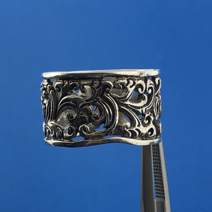 Sterling Silver 925 Abstract Floral Filigree Openwork Cigar Band Ring Size 8.25