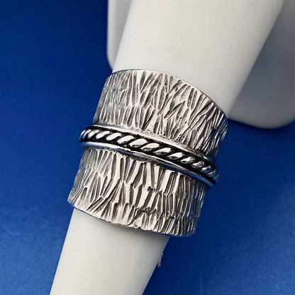 Vintage CJF Thai 925 Sterling Silver Textured Tapered Cigar Band Statement Ring