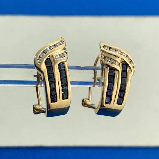 14K Yellow Gold Sapphire Diamond Omega Back Stud Earrings