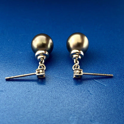 Stunning 14K White Gold Black Pearl Diamond Dangle Drop Earrings