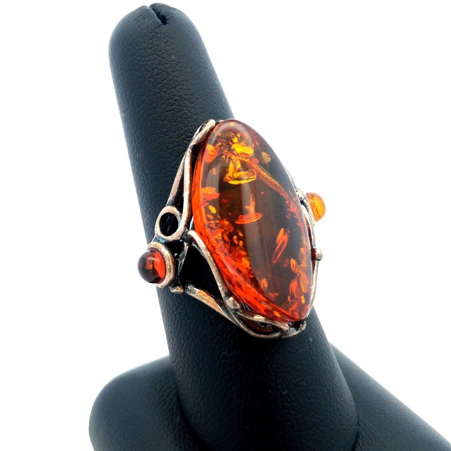 Vintage Designer PL 925 Sterling Silver Oval Amber Statement Ring