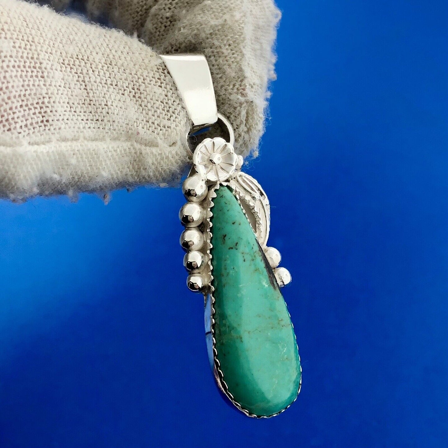 Navajo Designer D.D. Baca Sterling Silver Turquoise Teardrop Floral Pendant