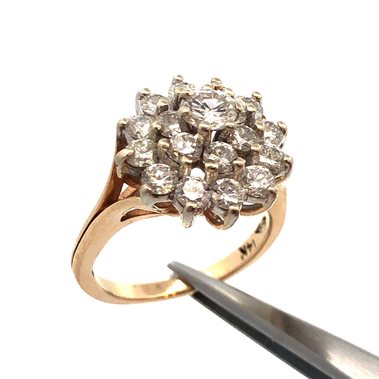 Designer 14K Yellow Gold Round Diamond Cluster Cocktail Statement Ring