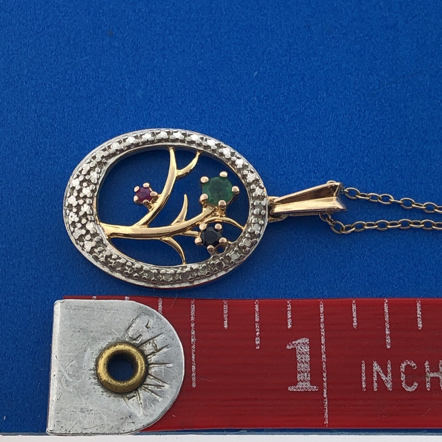 Sterling Silver Vermeil Two Tone Emerald Sapphire Ruby Mothers Pendant Necklace