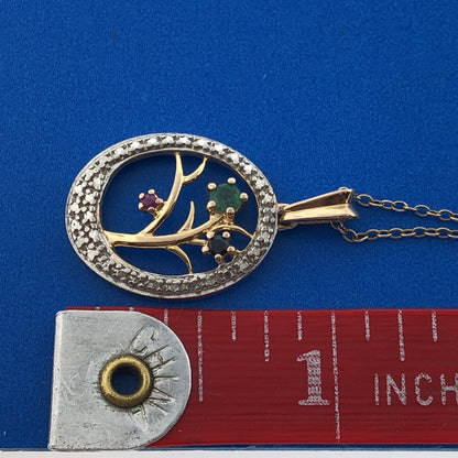 Sterling Silver Vermeil Two Tone Emerald Sapphire Ruby Mothers Pendant Necklace