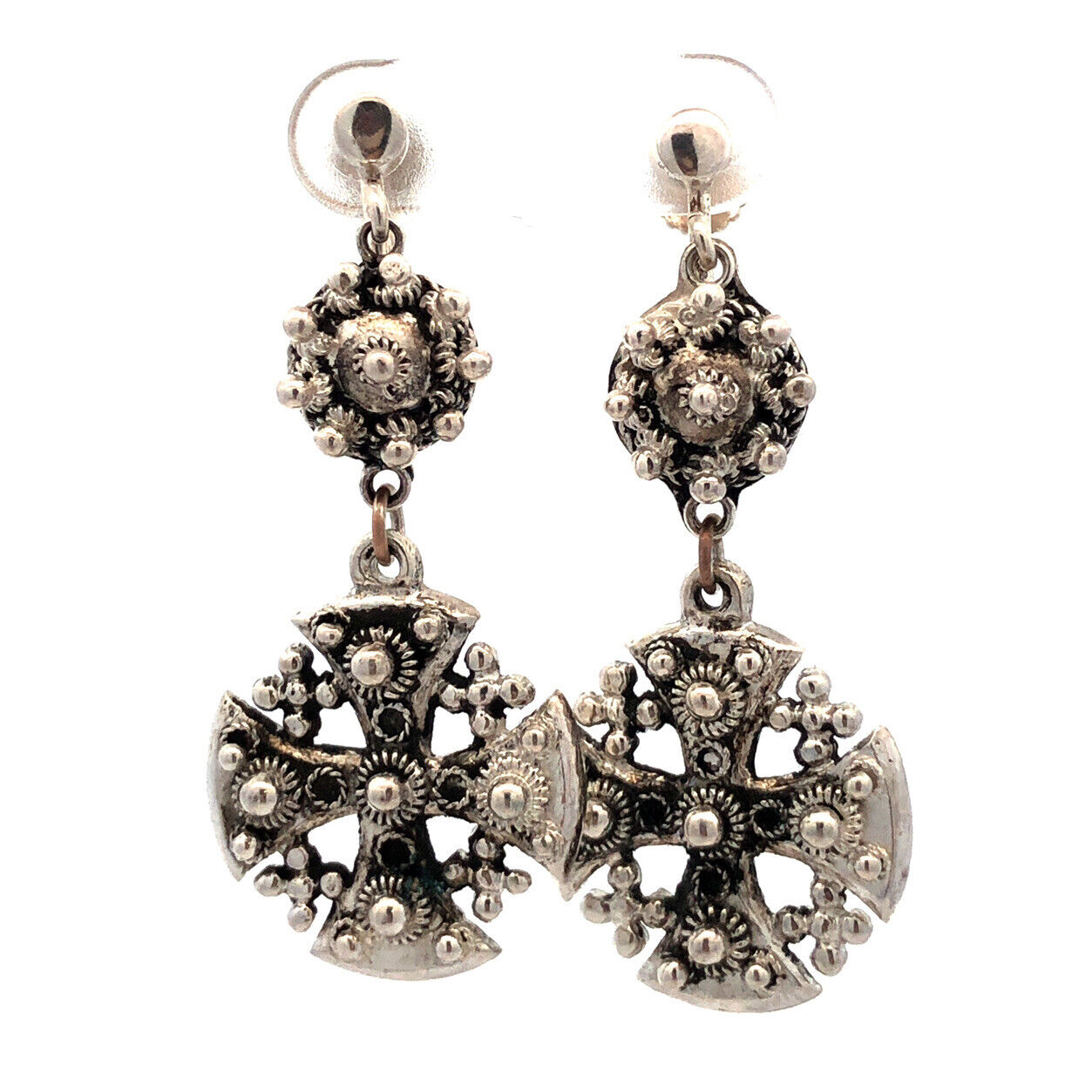 Vintage 900 Fine Silver Jerusalem Cross Detailed Clip On Dangle Earrings