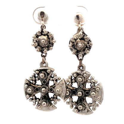 Vintage 900 Fine Silver Jerusalem Cross Detailed Clip On Dangle Earrings