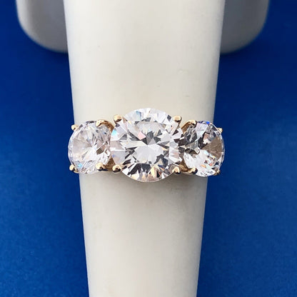 Stunning 14K Yellow Gold Cubic Zirconia CZ Round Trio Statement Engagement Ring