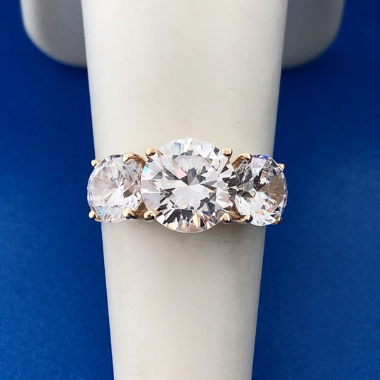 Stunning 14K Yellow Gold Cubic Zirconia CZ Round Trio Statement Engagement Ring