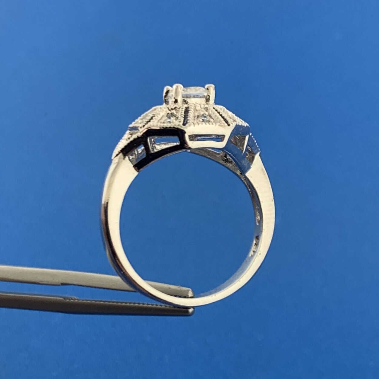 Designer Art Deco Style Sterling Silver Cubic Zirconia Statement Cocktail Ring