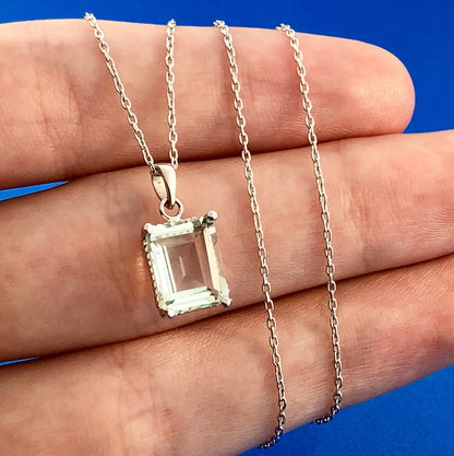 14K White Gold Emerald Cut Green Topaz Solitaire Drop Pendant Necklace