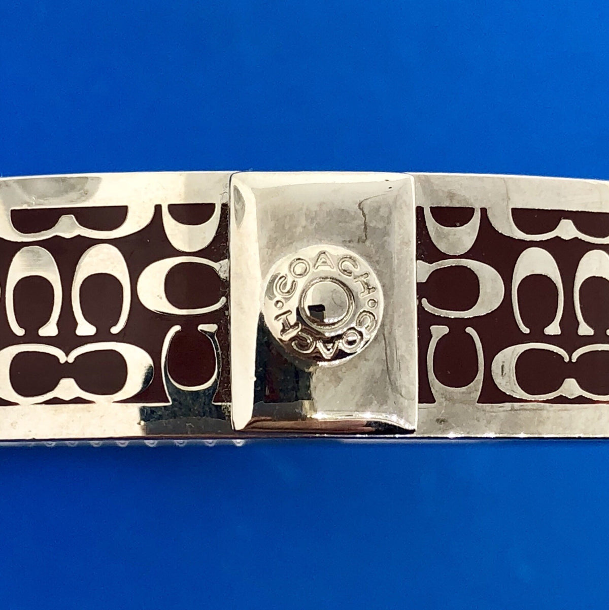 Authentic Coach Silver Tone Burgundy C Signature 1/2" Bangle Cuff Bracelet