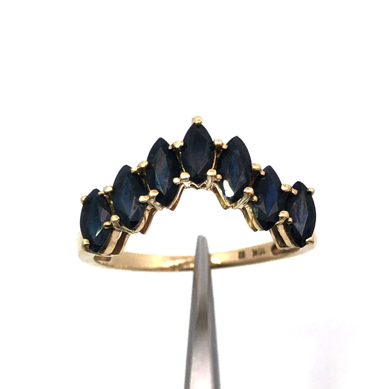 Designer 10K Yellow Gold Marquise Blue Sapphire V Shaped Anniversary Band Ring