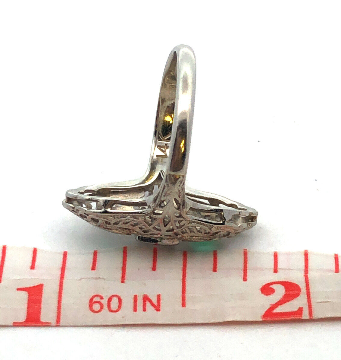 Designer Art Deco 14K White Gold Diamond Emerald Accent Filigree Cocktail Ring