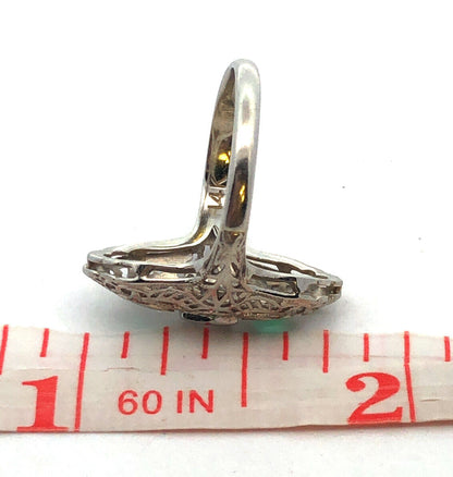 Designer Art Deco 14K White Gold Diamond Emerald Accent Filigree Cocktail Ring