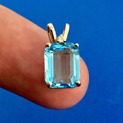 14K White Gold Rectangular Swiss Blue Topaz Diamond Accent Pendant
