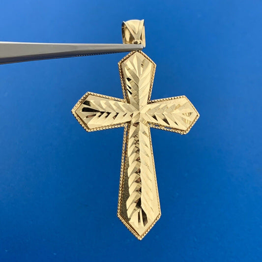 Designer 10K Yellow Gold Diamond Cut Textured Statement Cross Pendant