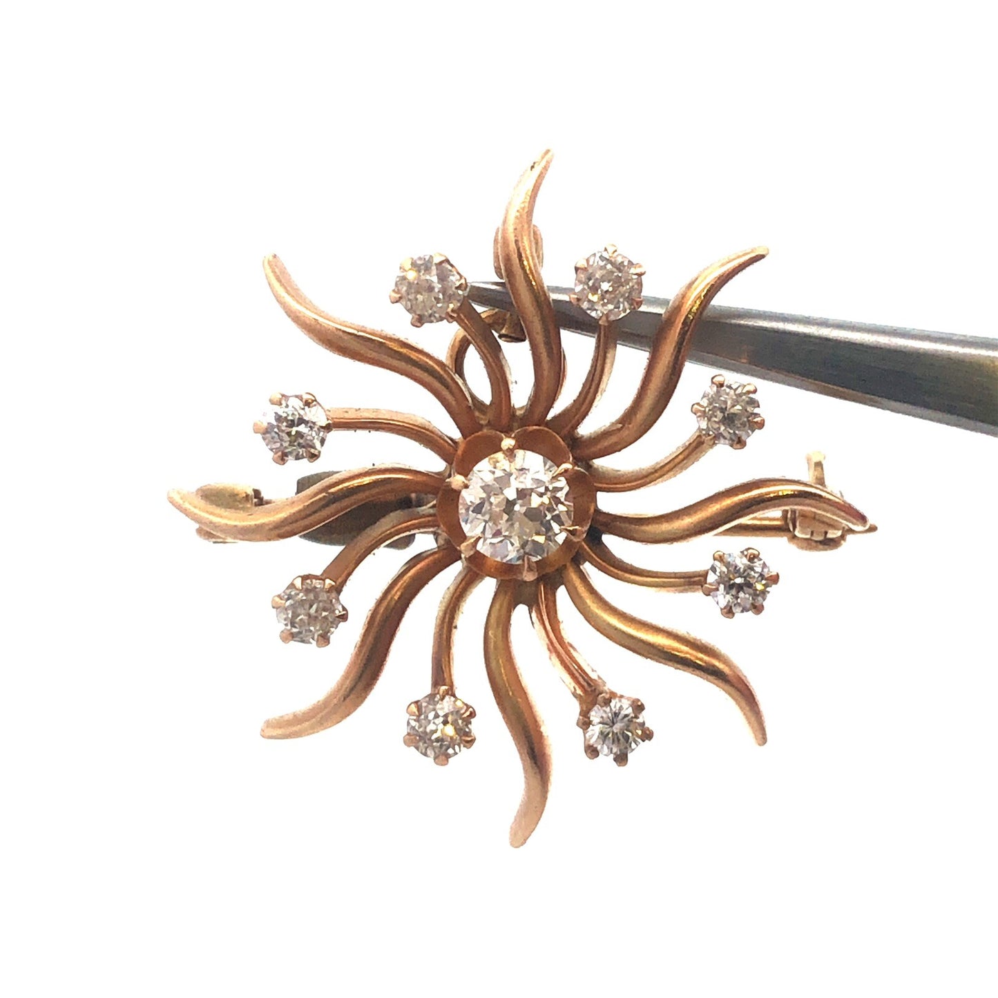 Designer Art Deco 14K Yellow Gold Diamond Pin Brooch Pendant