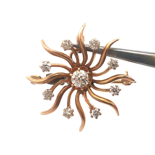 Designer Art Deco 14K Yellow Gold Diamond Pin Brooch Pendant