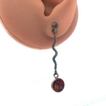 Vintage 925 Sterling Silver Red Resin Flower Floral Spiral Dangle Stud Earrings