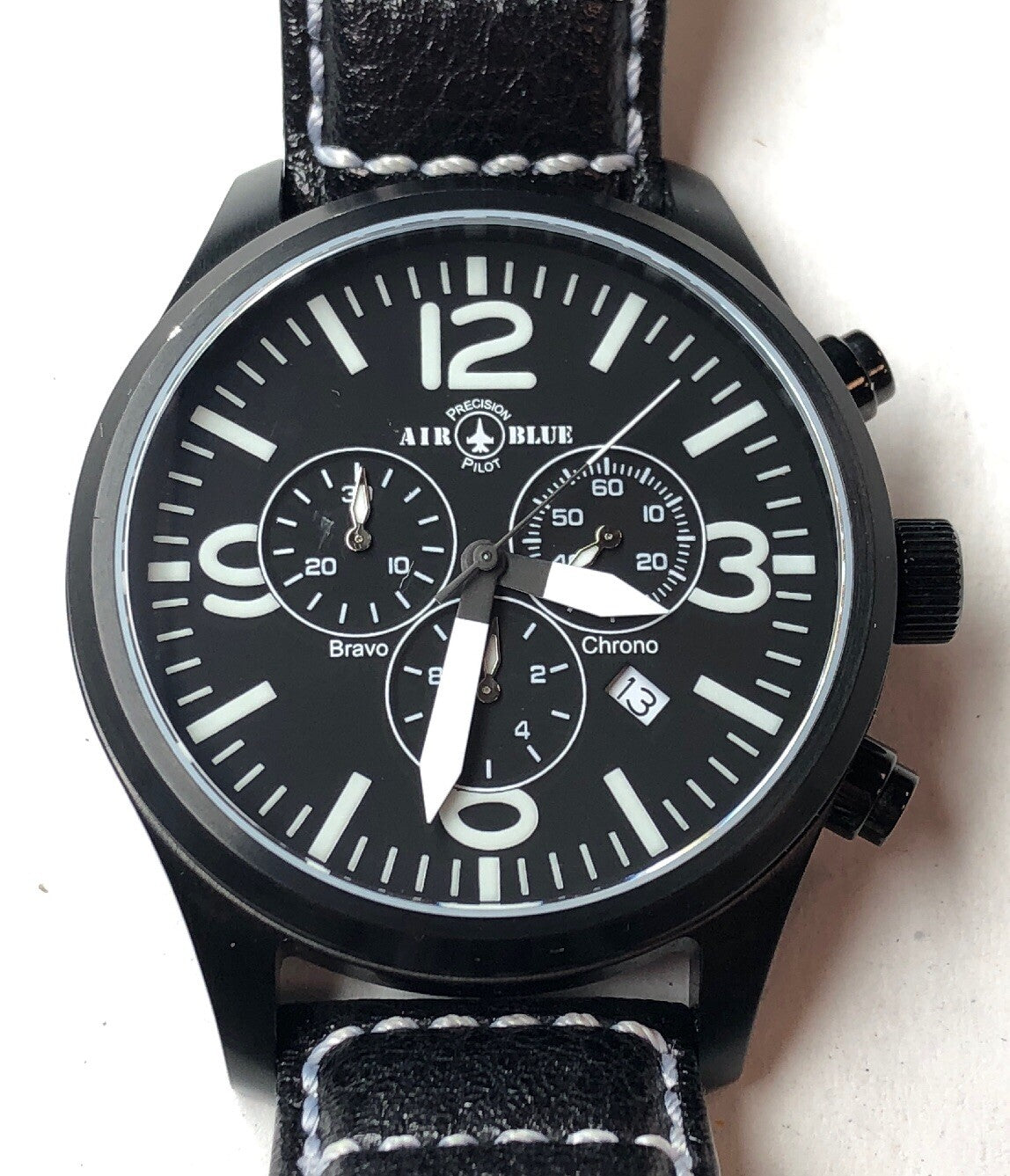 Air Blue Bravo Precision Pilot Mens Watch Chronograph Black Leather Strap In Box