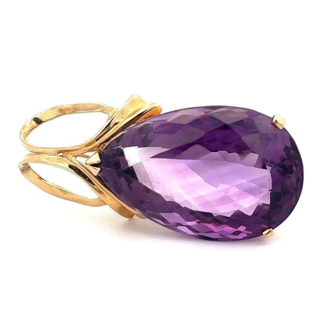 14K Yellow Gold Pear Faceted Amethyst Solitaire February Anniv Statement Pendant