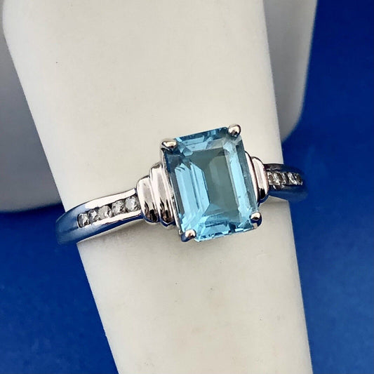 14K White Gold Rectangular Blue Topaz Diamond December Anniversary Cocktail Ring