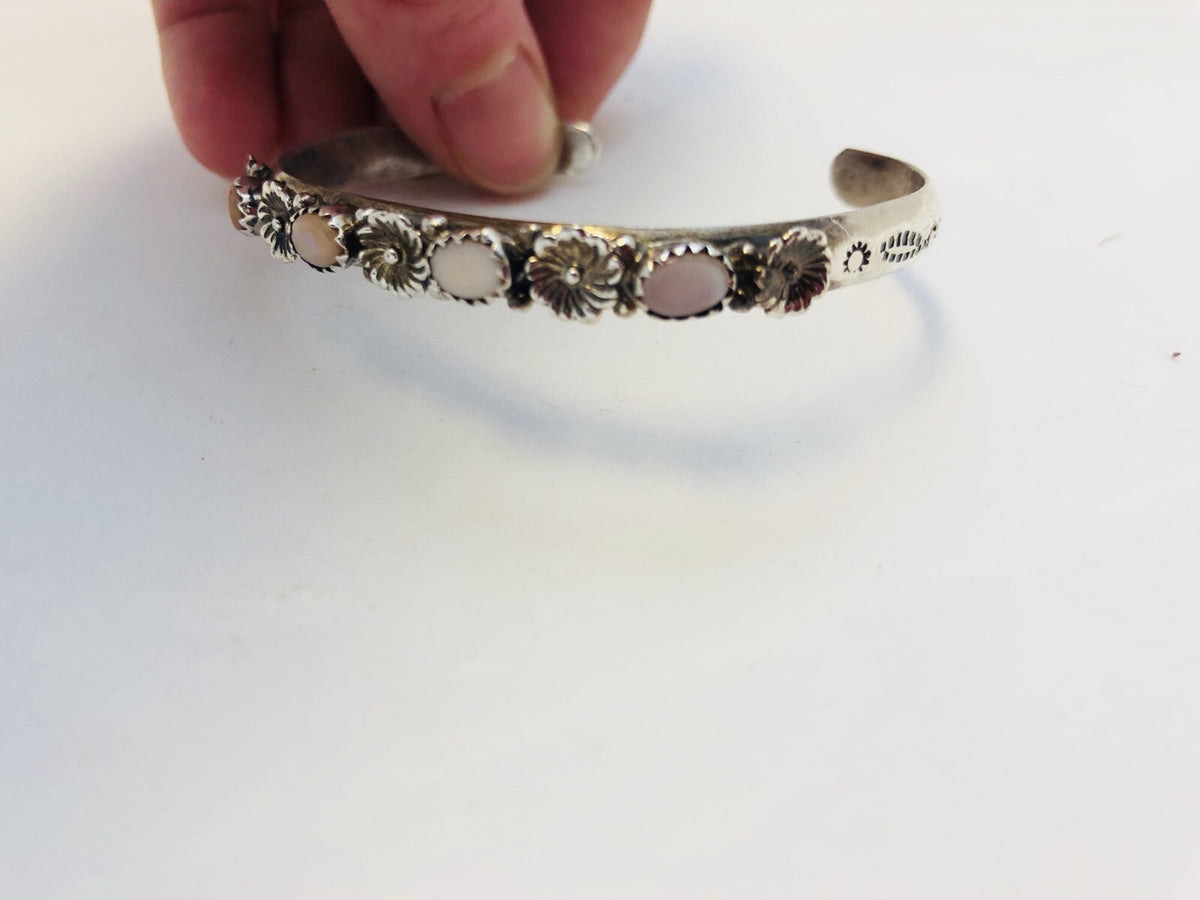 Navajo Running Bear R.B. Sterling Silver Pink Mother Of Pearl Flower Bracelet